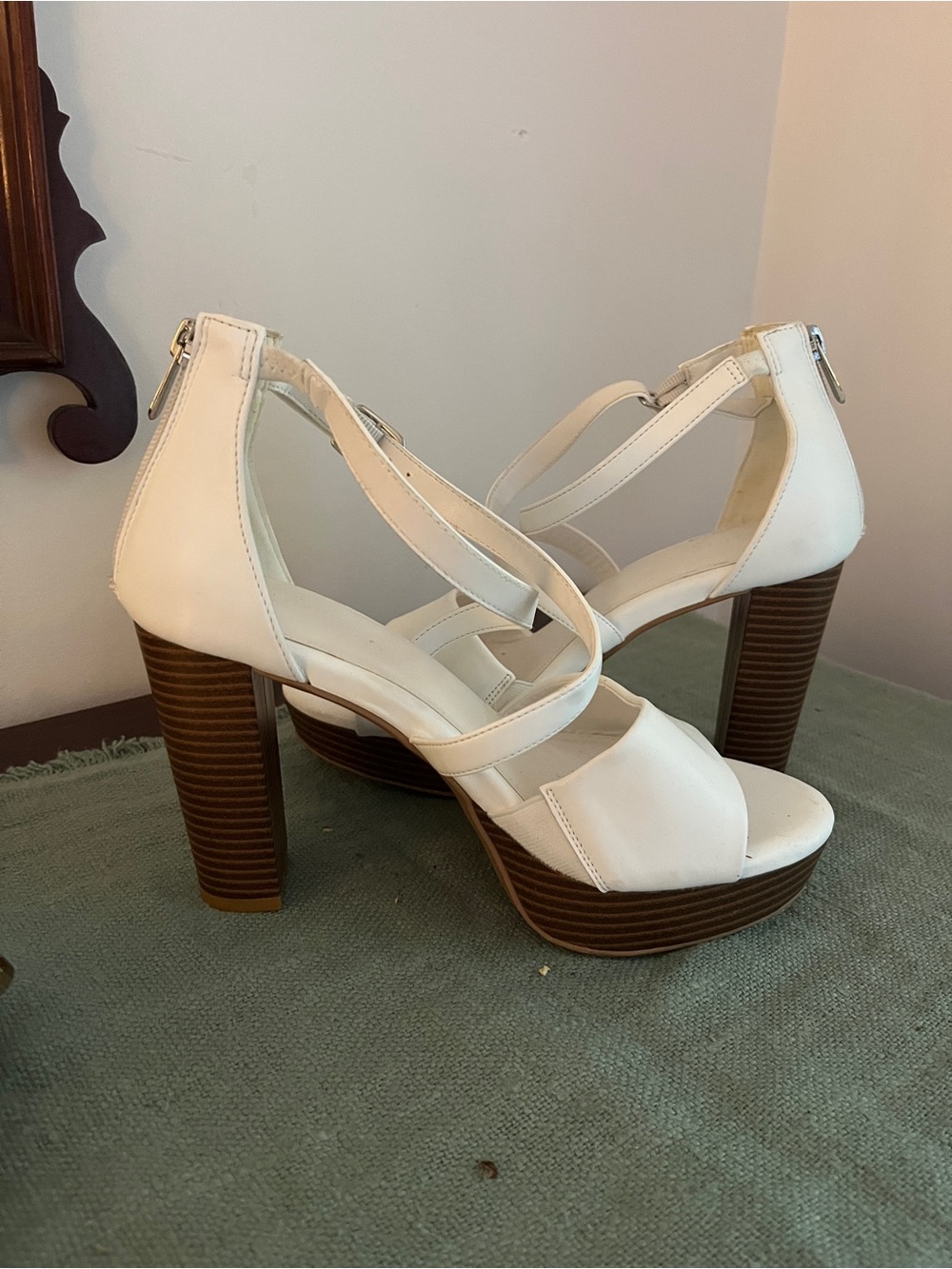 torrid White Strappy Platform Block Heel Sandals with Wood-Effect Heel